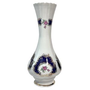 Vintage 1960s Chodzier Poland Fine Porcelain Vase - Cobalt Blue, Gold Trim Roses